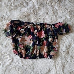 Off Shoulder Blue Floral Crop Top